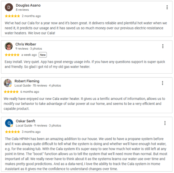 Five-star Google reviews of Cala from Douglas Asano, Chris Wolber, Robert Fleming and Oskar Senft, praising plentiful hot water, energy savings, a quiet easy install, helpful support and the app’s usage insights