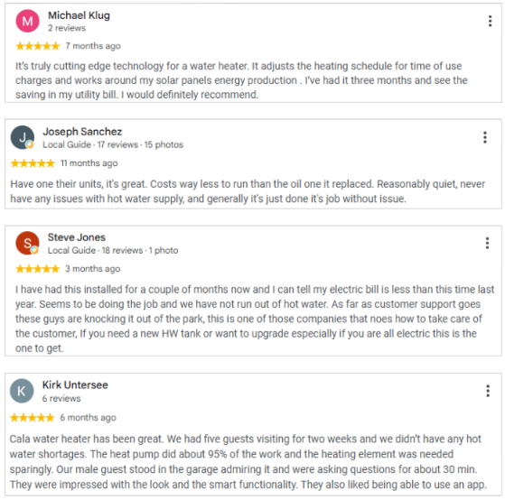 Five-star Google reviews of Cala from Michael Klug, Joseph Sanchez, Steve Jones and Kirk Untersee, praising solar-aware heating schedules, lower running costs and electric bills, great customer support and reliable hot water for a full house of guests